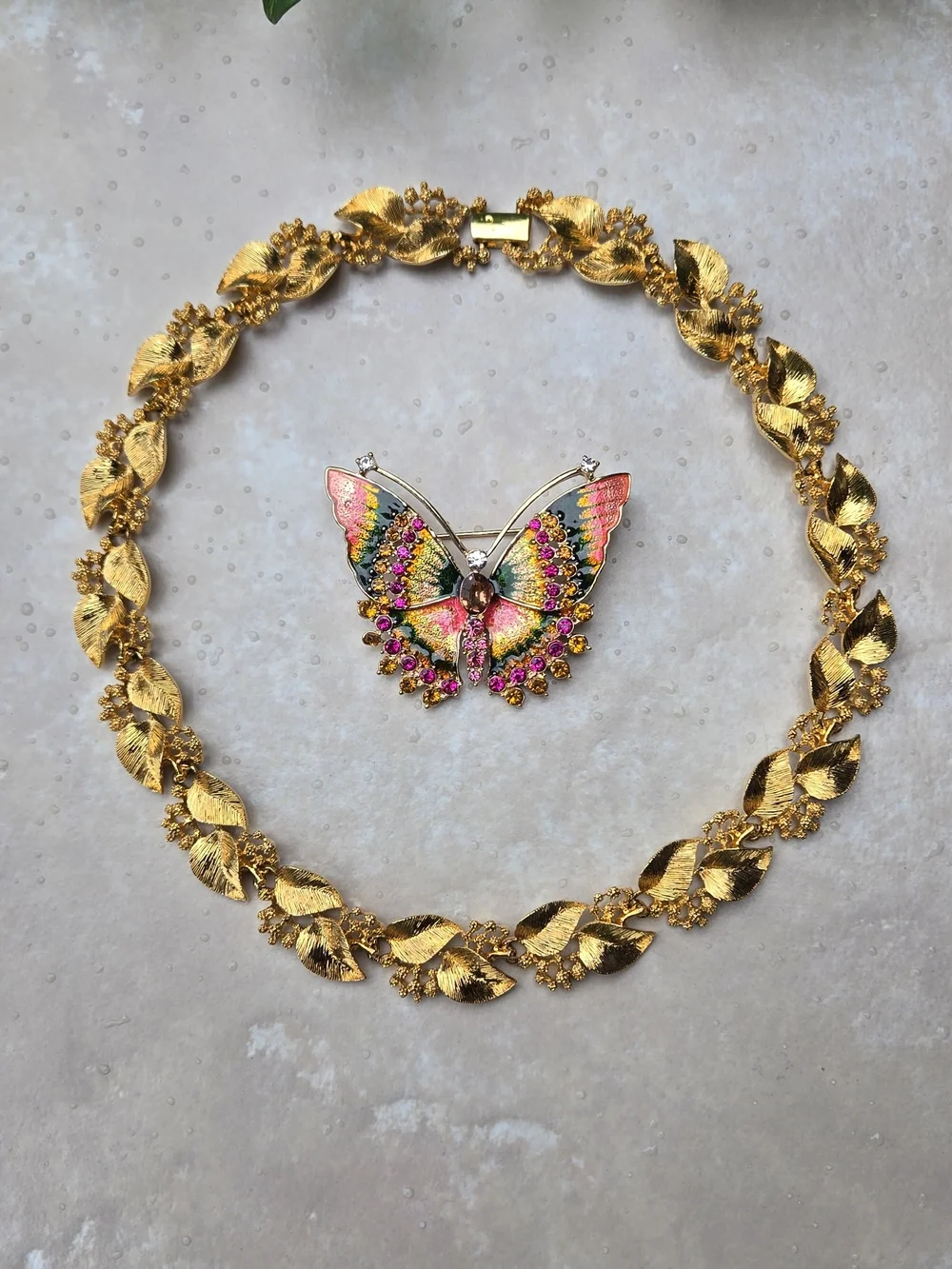 Napier Gold Floral Link Necklace Pink Green Enamel But